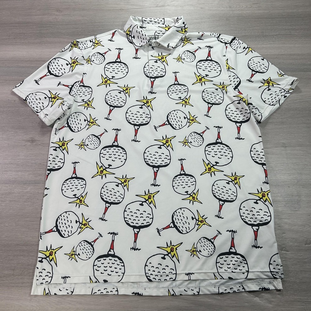 Sosik Polo Shirt Mens XL White Golf‎ Ball Graphic Short Sleeve Stretch Polyester